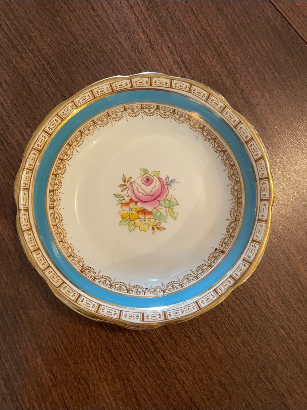 Antique Stafford Porcelain Trinket Dish with Pink Rose and Blue and Gold Trim